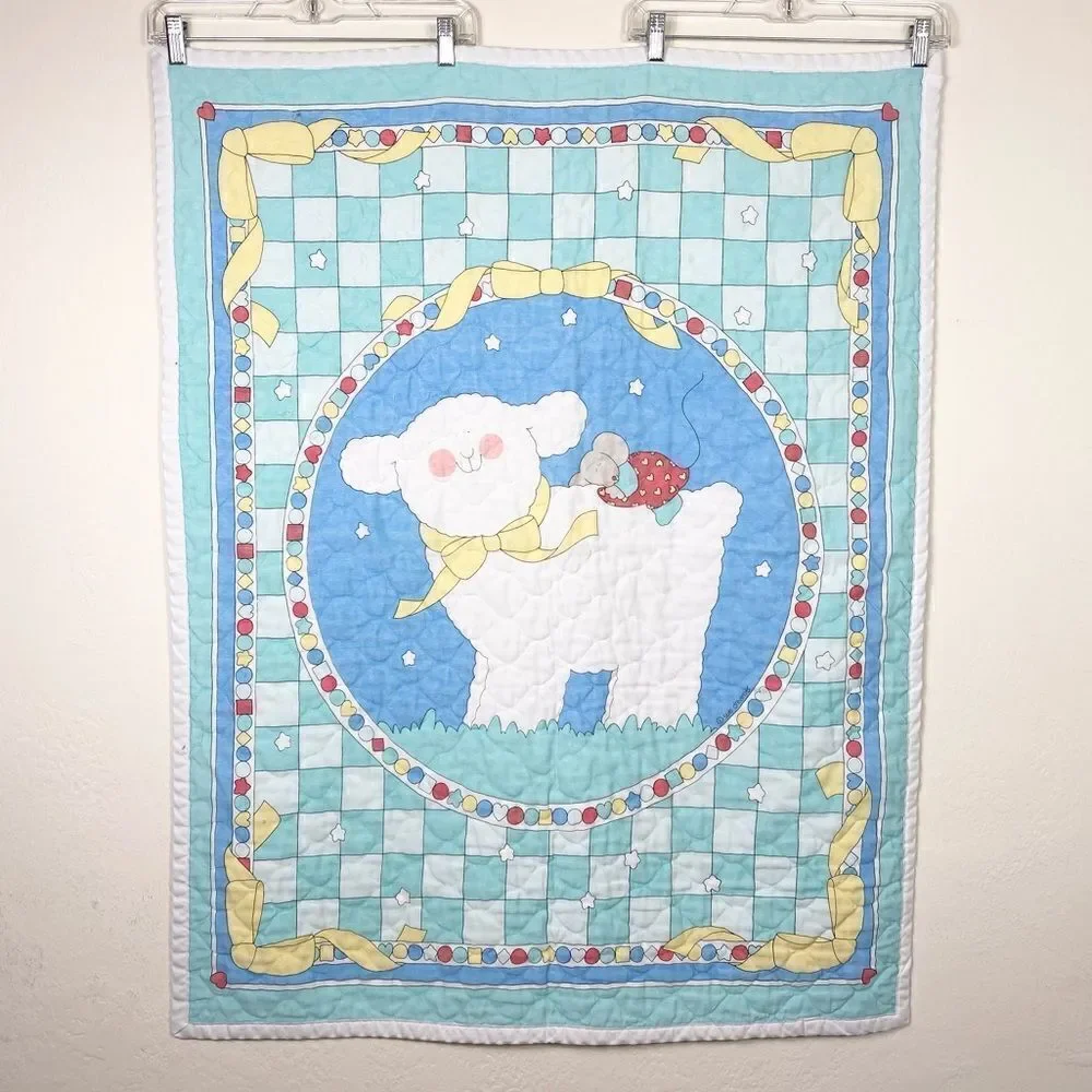 Vintage Quilted Lamb Sheep and Mouse Crib Size Baby Blanket